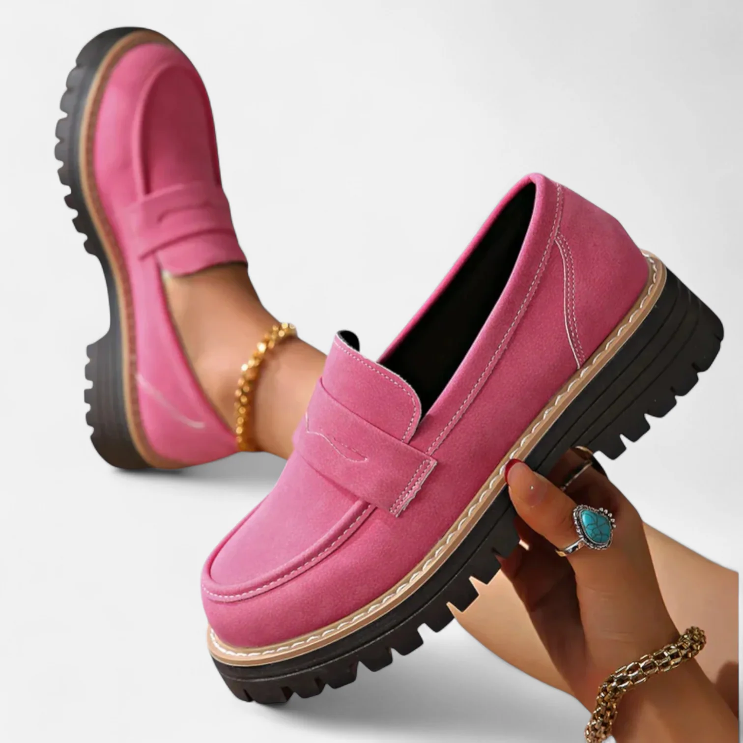 Men's brown chunky sole penny loafers slip-on style with lug sole for all-day comfort