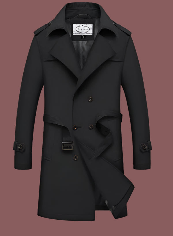 Men's tailored trench coat classic beige double button closure belt urban professional style