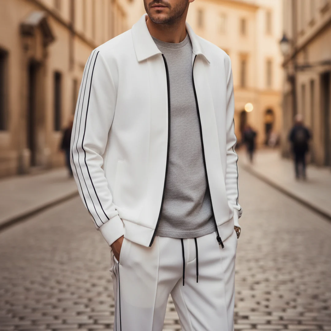 Men's lightweight polyester tracksuit set full-zip jacket matching pants linear detail urban sporty fit