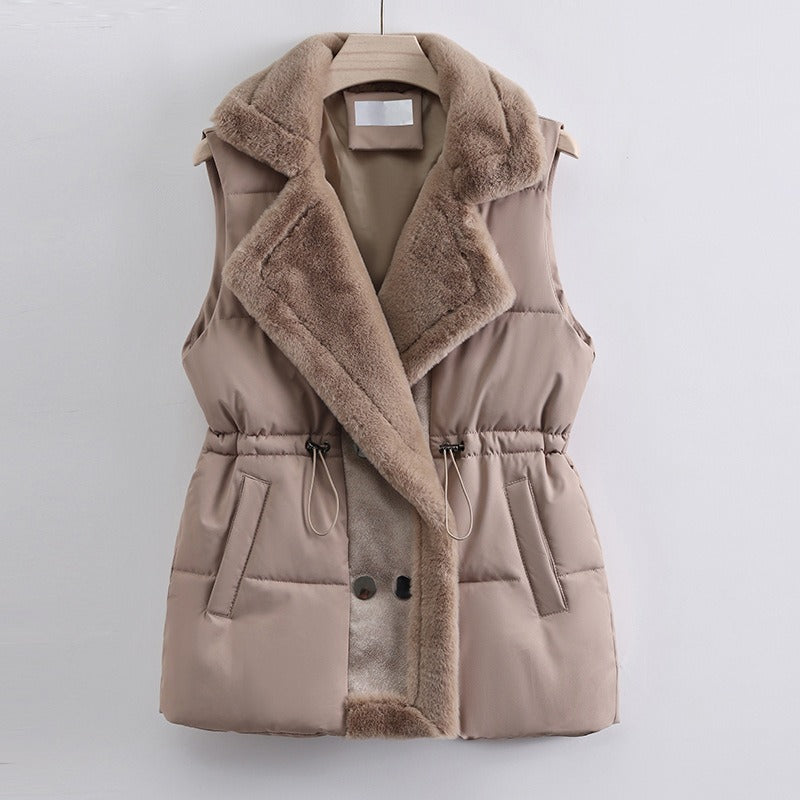 Women's quilted vest with faux fur shawl collar and adjustable drawstring waist, sleeveless layering piece
