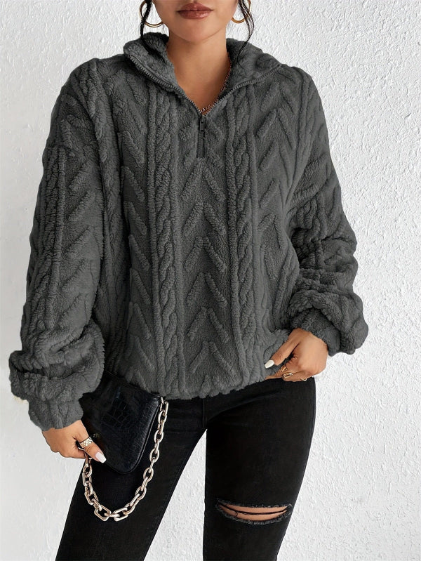 Women's relaxed-fit pullover top with faux shearling fleece, half-zip cable knit, cozy warm style