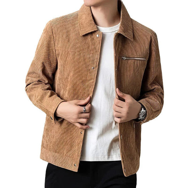 Men's brown corduroy regular fit casual jacket with zipper pocket and button closure