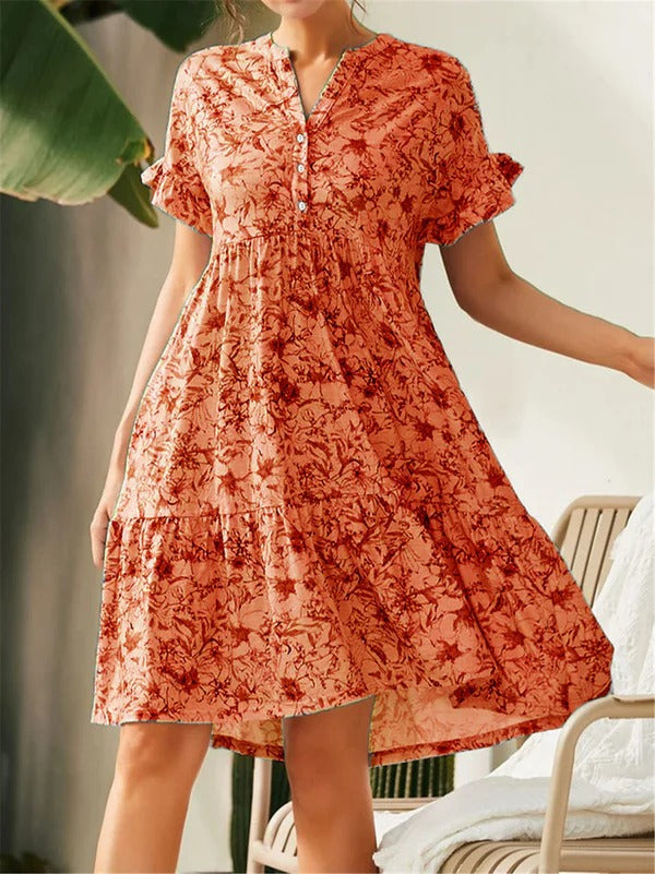 Women's floral A-line dress V-neck cotton blend lightweight summer brunch daywear style