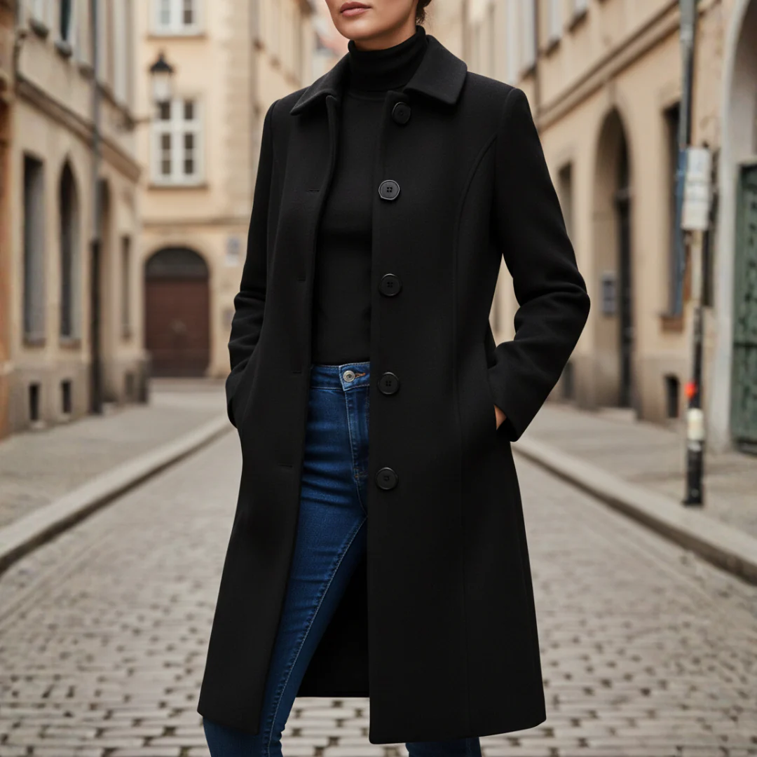 Women's black red blue winter coat tailored silhouette button-front classic warm everyday style