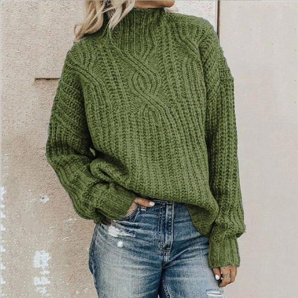 Women chunky cable knit high neck sweater relaxed fit wool-like blend cozy warm pullover