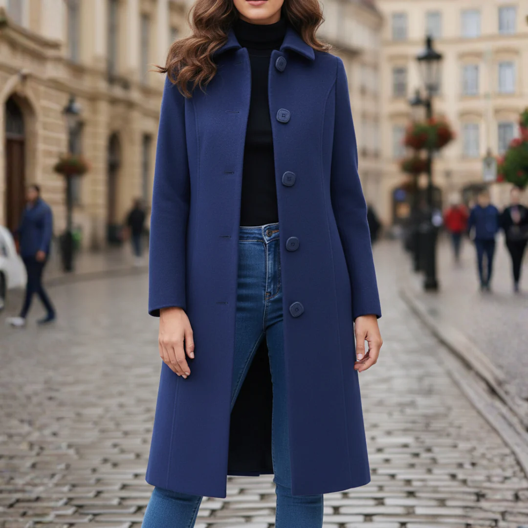 Women's black red blue winter coat tailored silhouette button-front classic warm everyday style