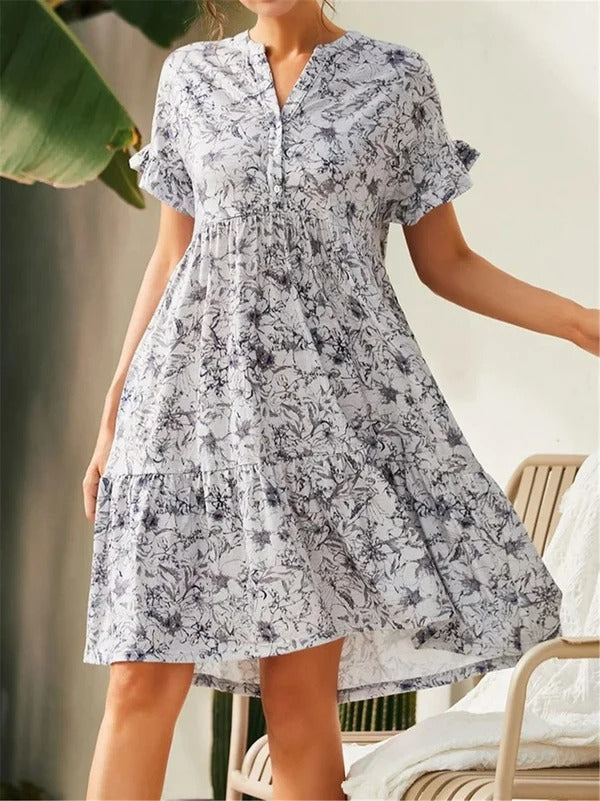 Women's floral A-line dress V-neck cotton blend lightweight summer brunch daytime casual chic silhouette