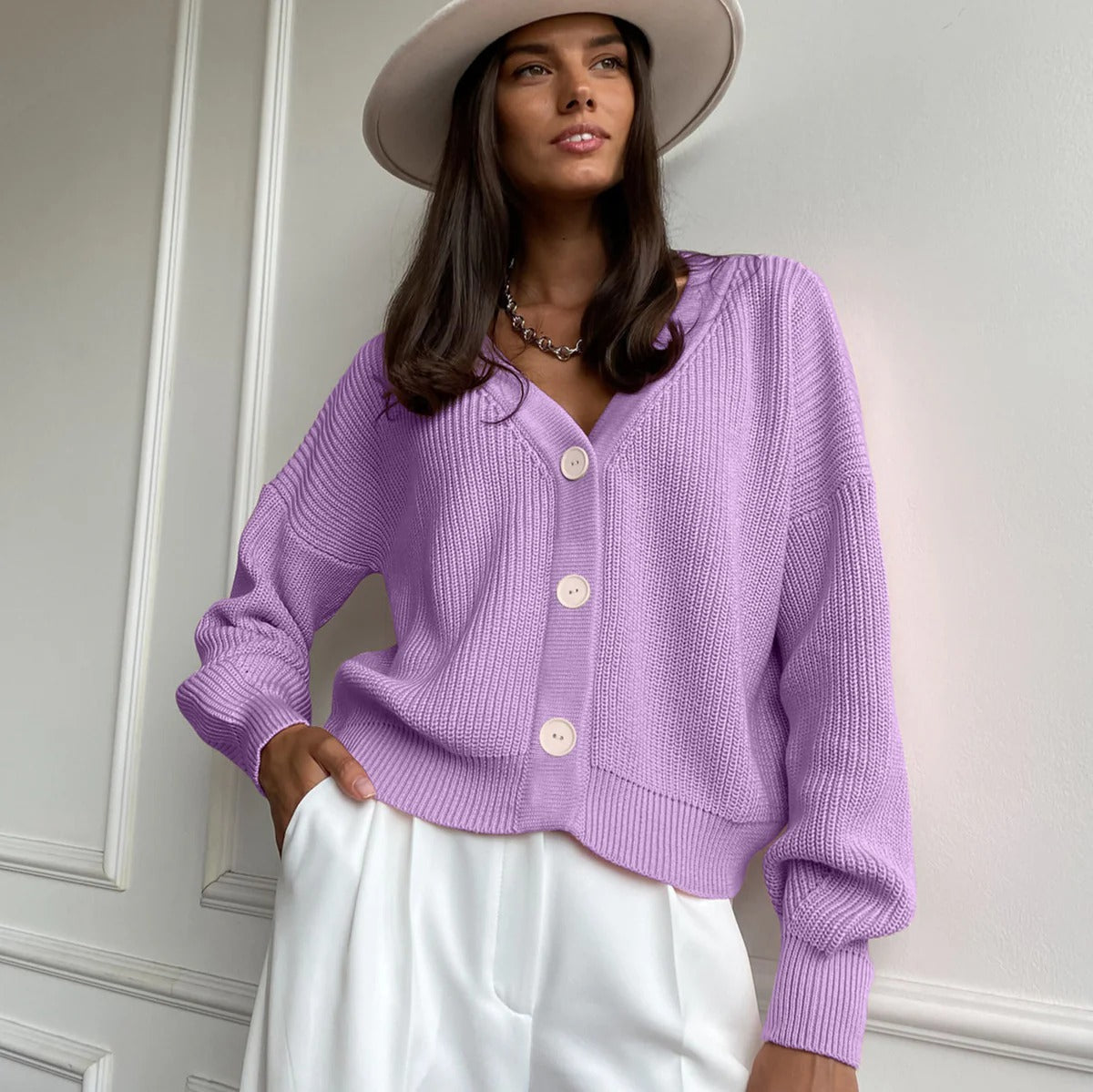 Women's relaxed fit rib knit cardigan V-neck button closure with rolled sleeves versatile layering piece