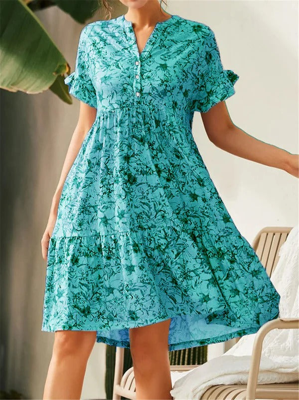 Women's floral A-line dress V-neck cotton blend summer brunch lightweight feminine silhouette