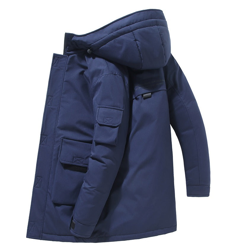 Men's mid-length padded hooded jacket with patch pockets, adjustable cuffs, modern regular fit
