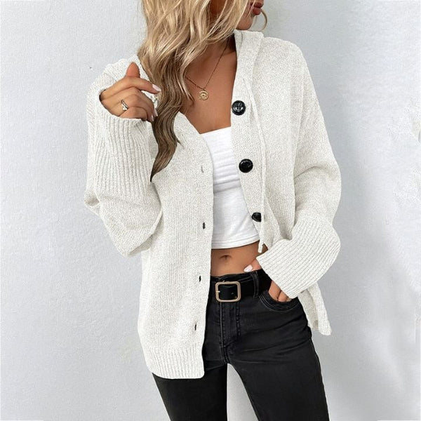 Women's wool blend hooded knit cardigan relaxed fit button front cozy everyday layering piece