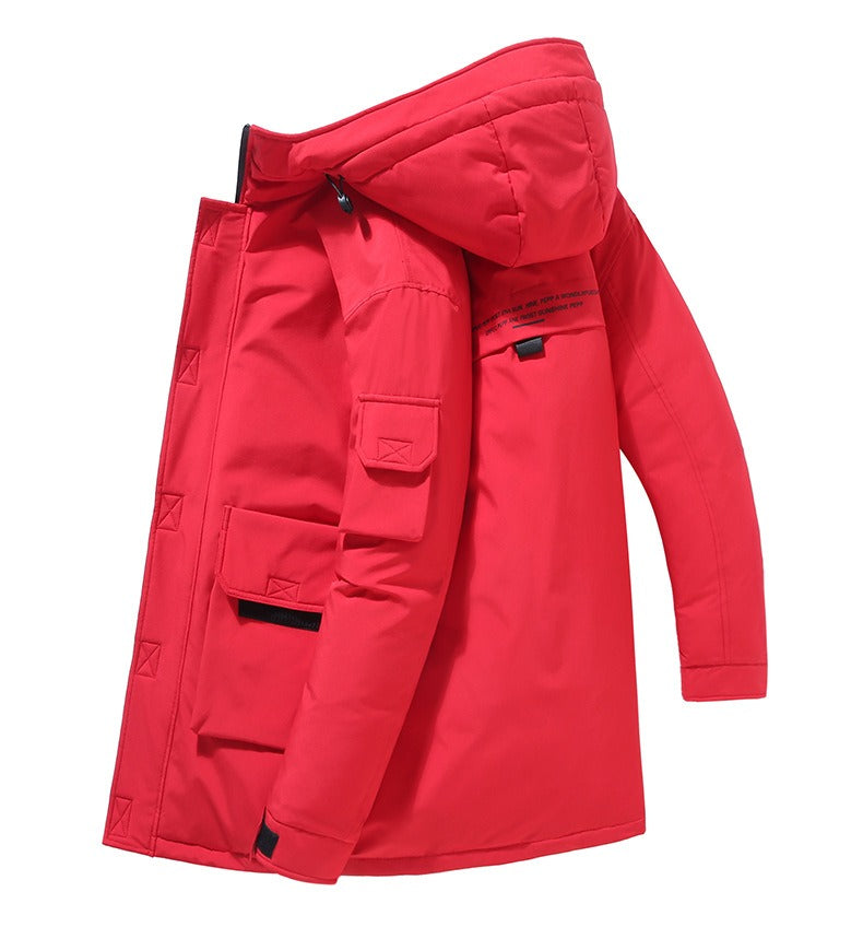 Men's mid-length padded hooded jacket regular fit with patch pockets and adjustable cuffs