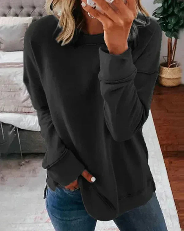 Women's relaxed fit crew neck sweatshirt soft cotton blend with ribbed hem in neutral tone