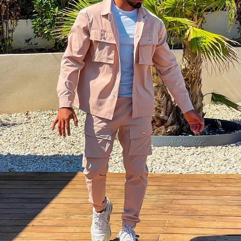 Men's cotton blend two-piece set with relaxed jacket and slim tapered joggers in coordinated style