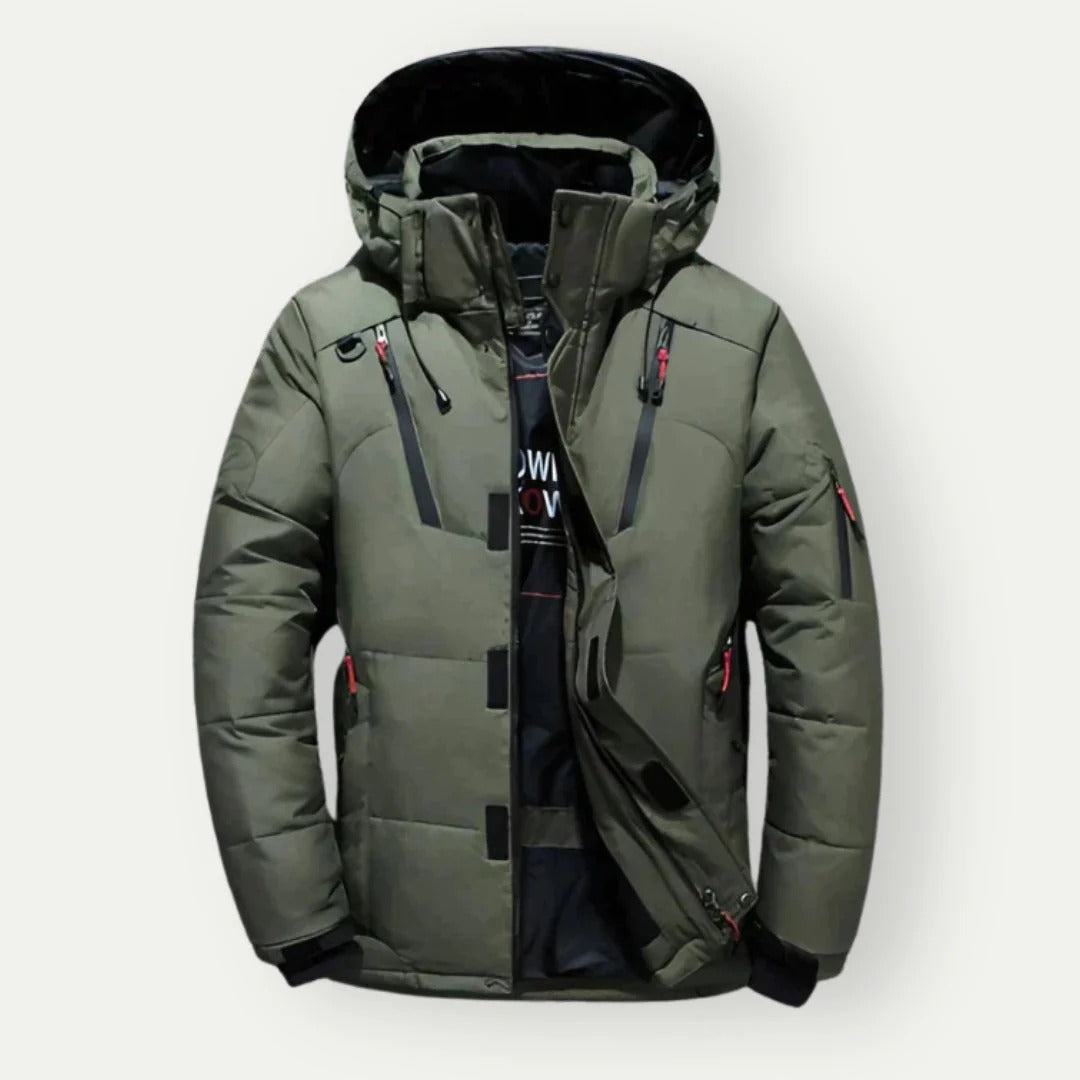 Men's slim fit hooded down jacket water-resistant zipper closure streamlined cold-weather layer