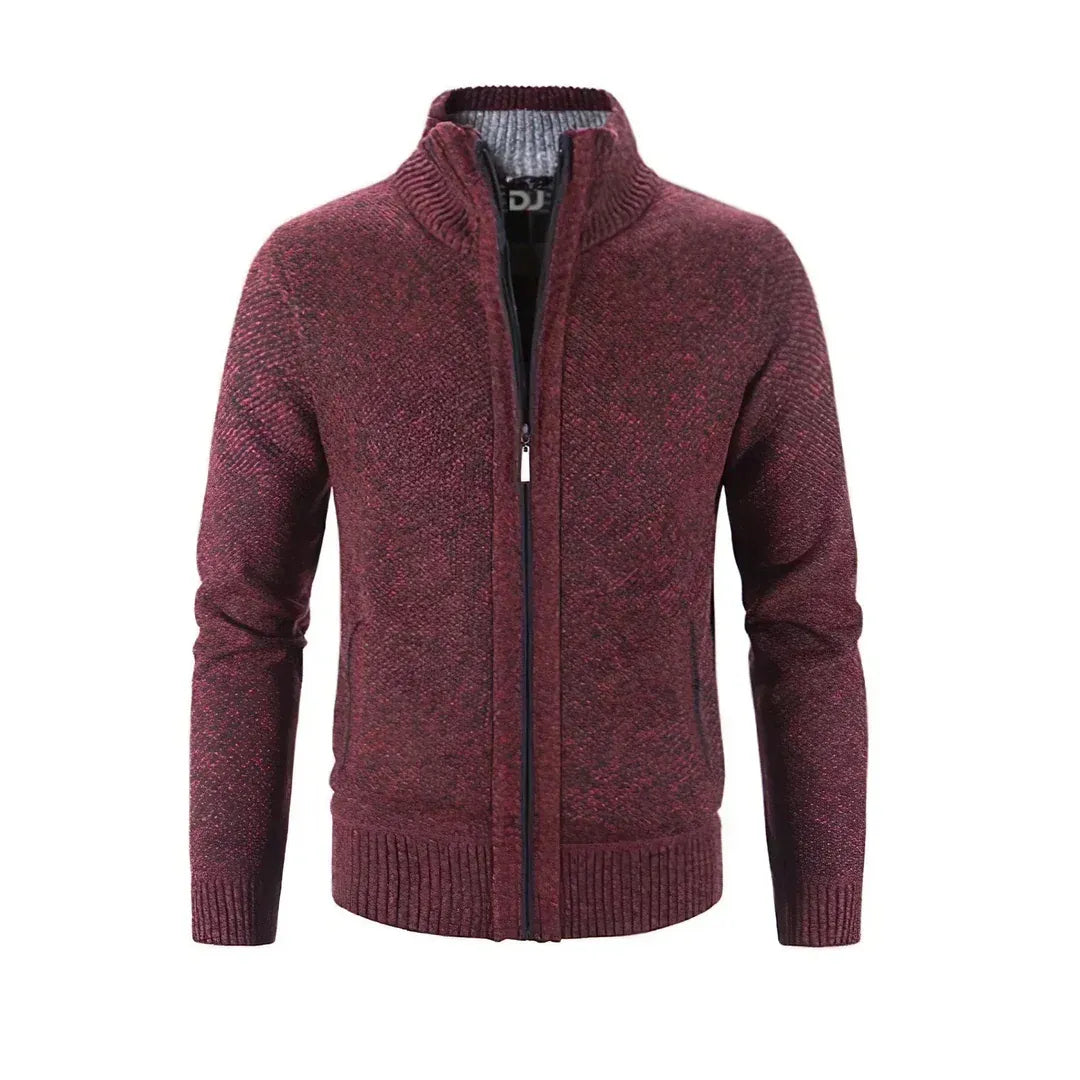 Men's slim fit wool knit zipper cardigan with ribbed edges and contrast detail in smart casual style