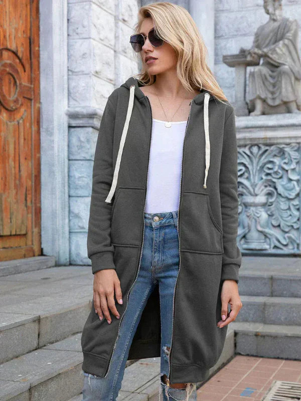Women's oversized zip-front hoodie long length soft cotton sweatshirt relaxed fit casual style