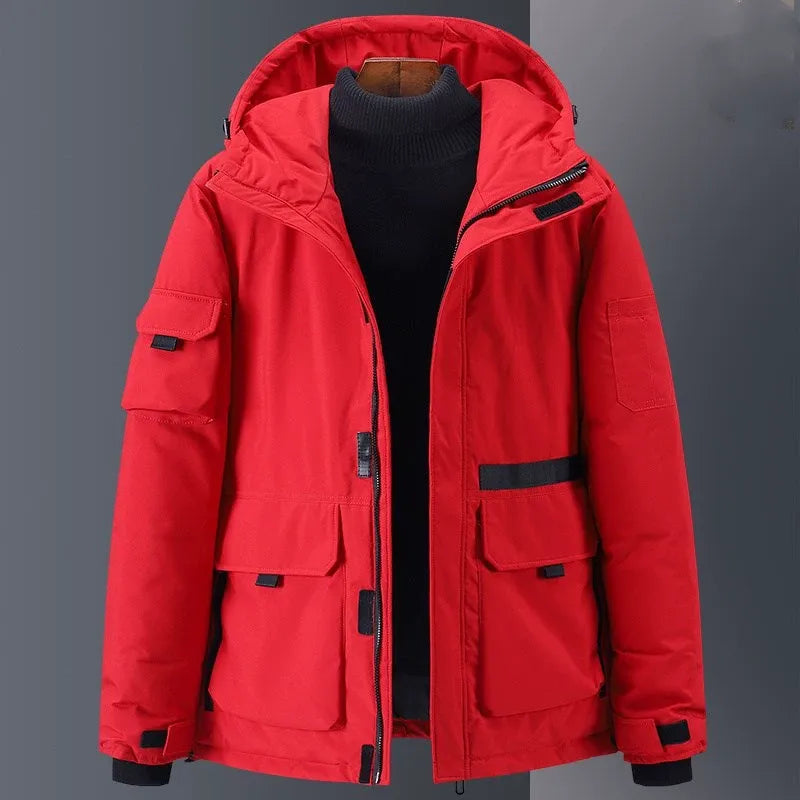 Men's black hooded down jacket relaxed fit water-resistant with multiple pockets urban style