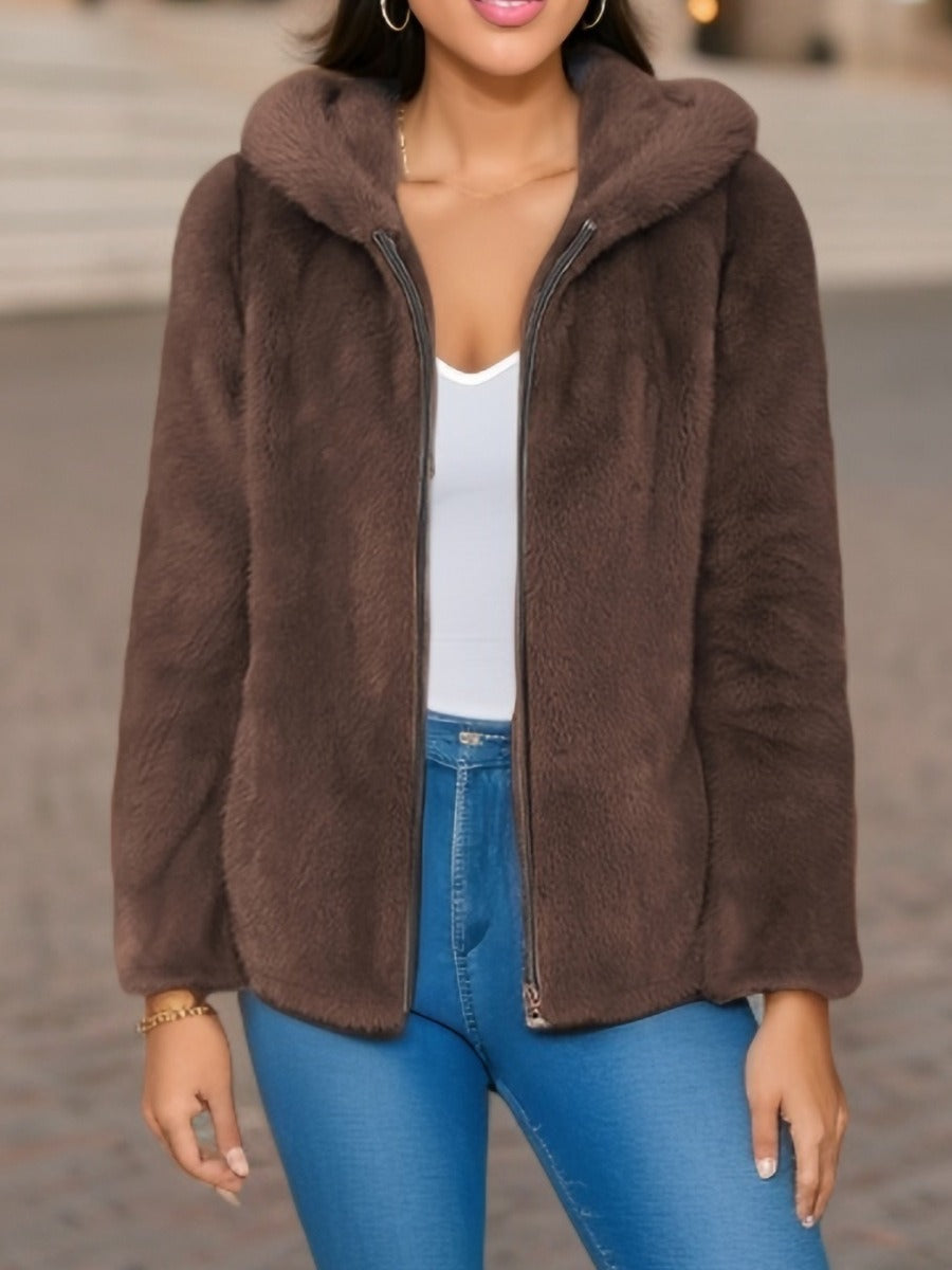 Women's coral fleece zip-front hoodie relaxed fit with warm wool lining for cozy everyday wear