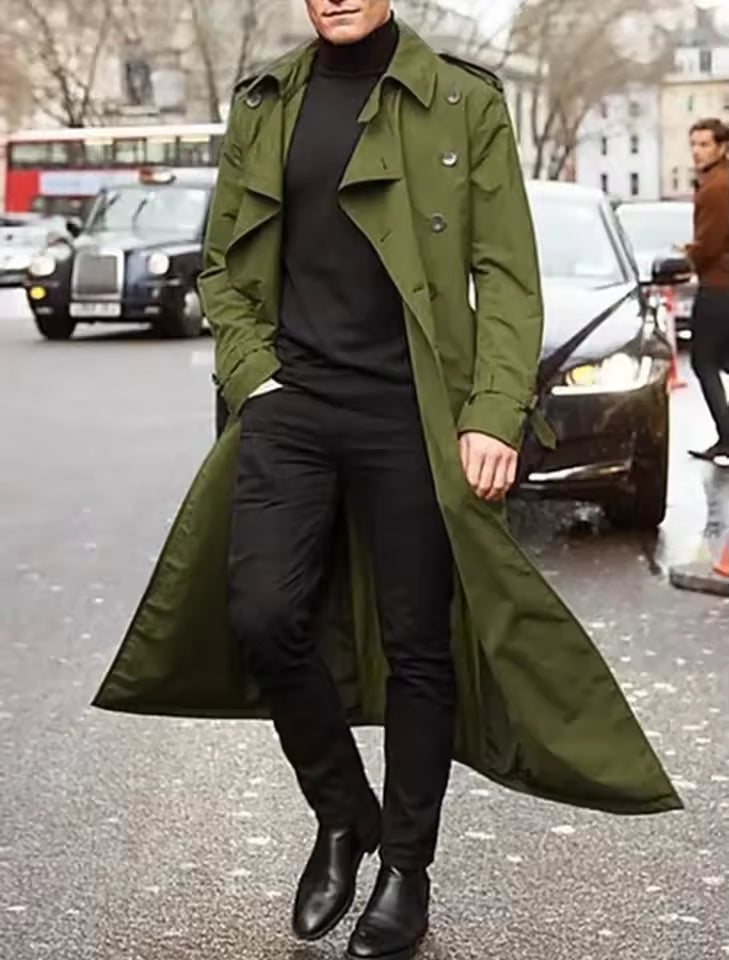 Men's double-breasted hooded trench coat with warm fleece lining, tailored fit, urban style