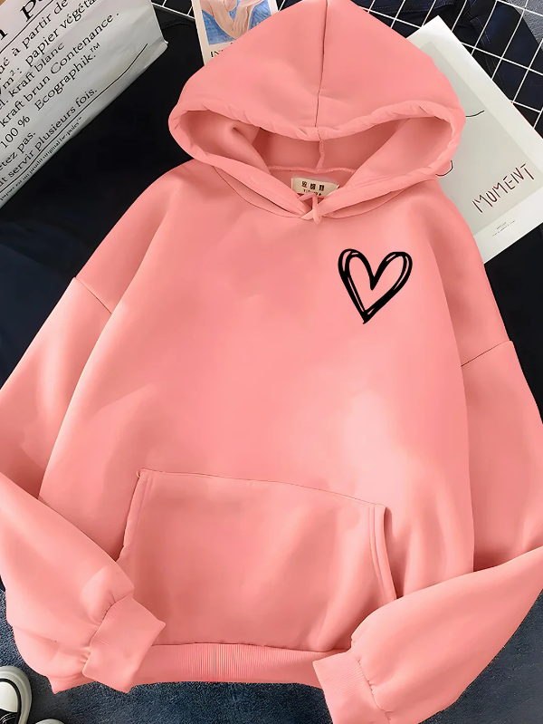 Women's relaxed-fit cotton blend hoodie with heart print and kangaroo pocket in casual style