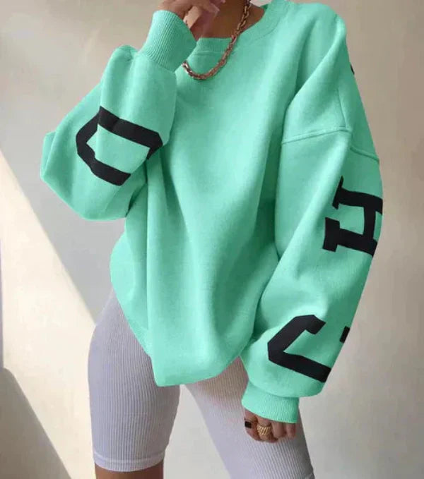 Women's oversized cotton blend sweatshirt with dropped shoulders and bold side print casual style