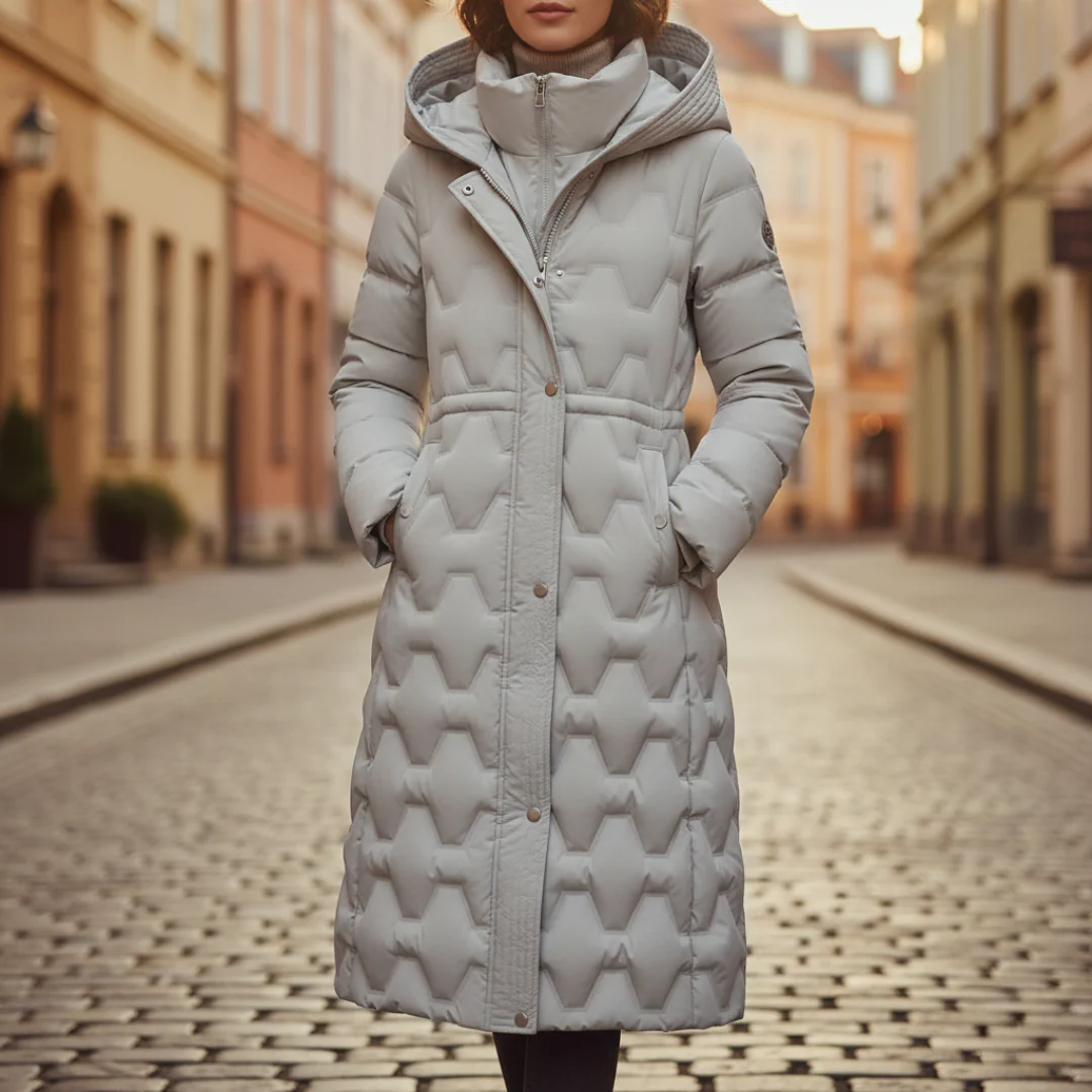 Long quilted women's coat with hood in beige, black, brown or red, windproof feather-padded outerwear