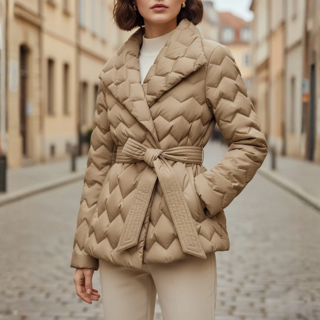 Women's waterproof quilted coat with belt, tailored fit, classic silhouette for autumn winter