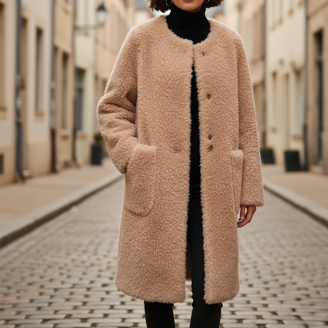 Women's camel teddy coat classic fit soft fleece winter essential with cozy pockets