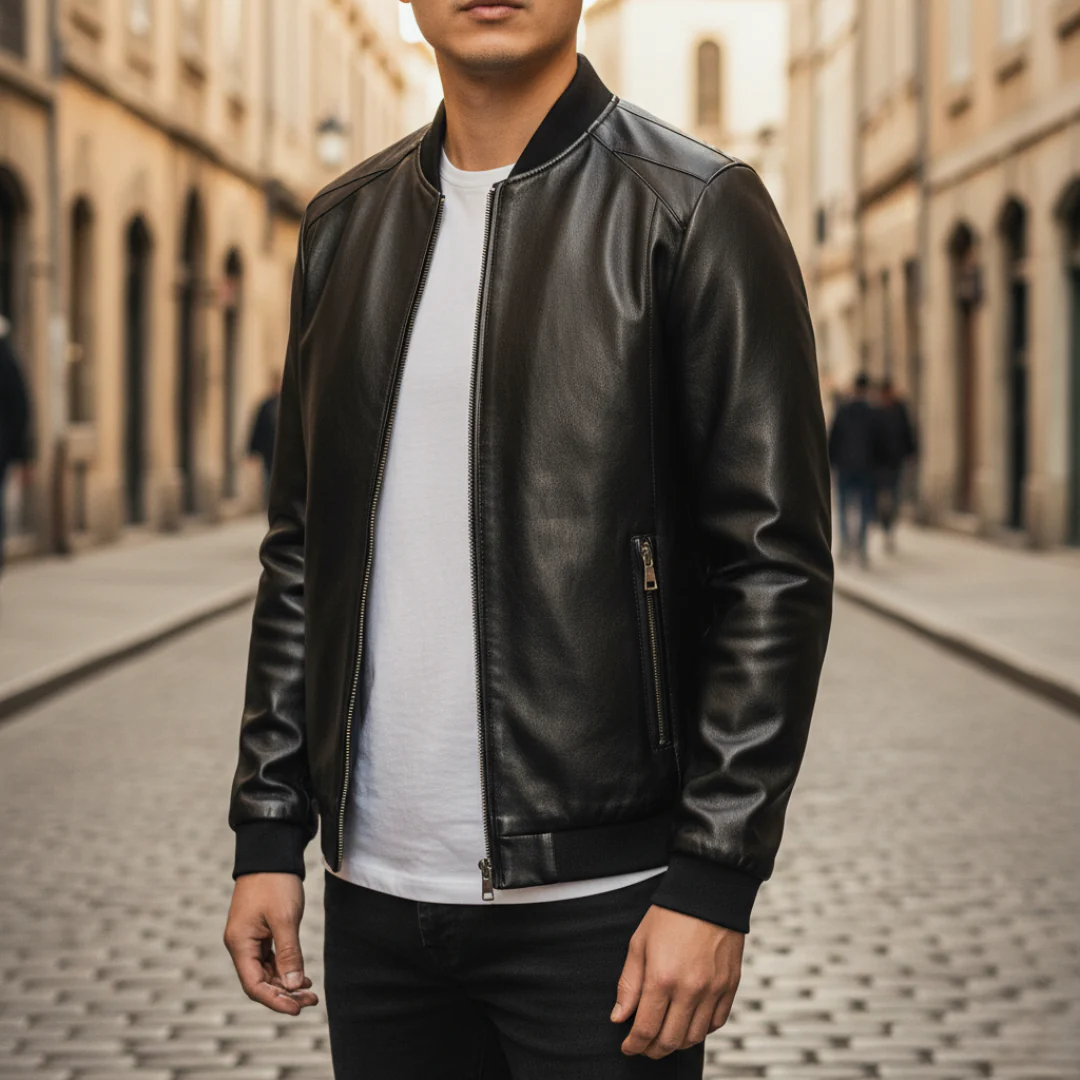 Men's black synthetic leather bomber jacket with zipper closure and elastic cuffs for everyday style