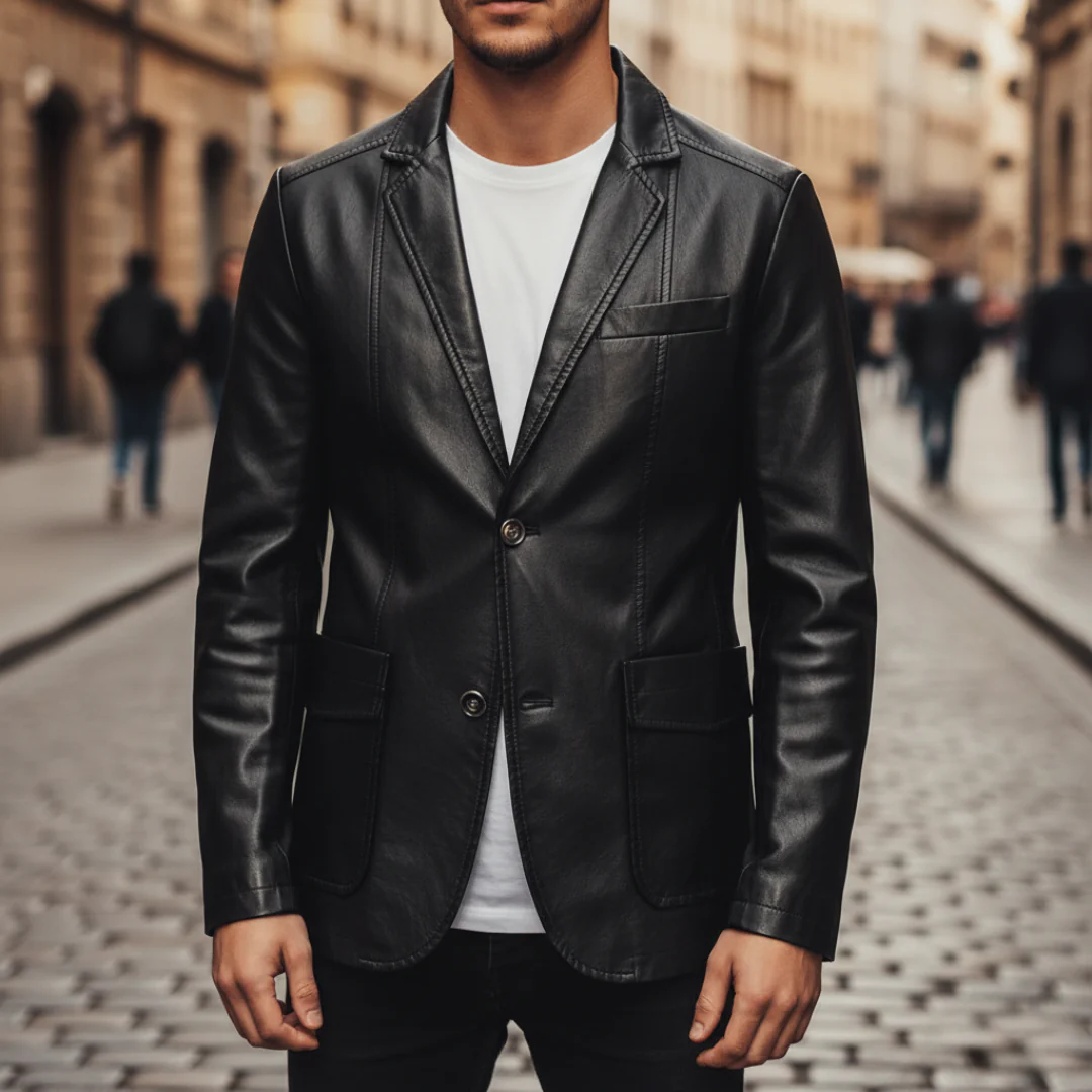 Men's black faux leather blazer classic fit structured shoulders two-button formal smart casual