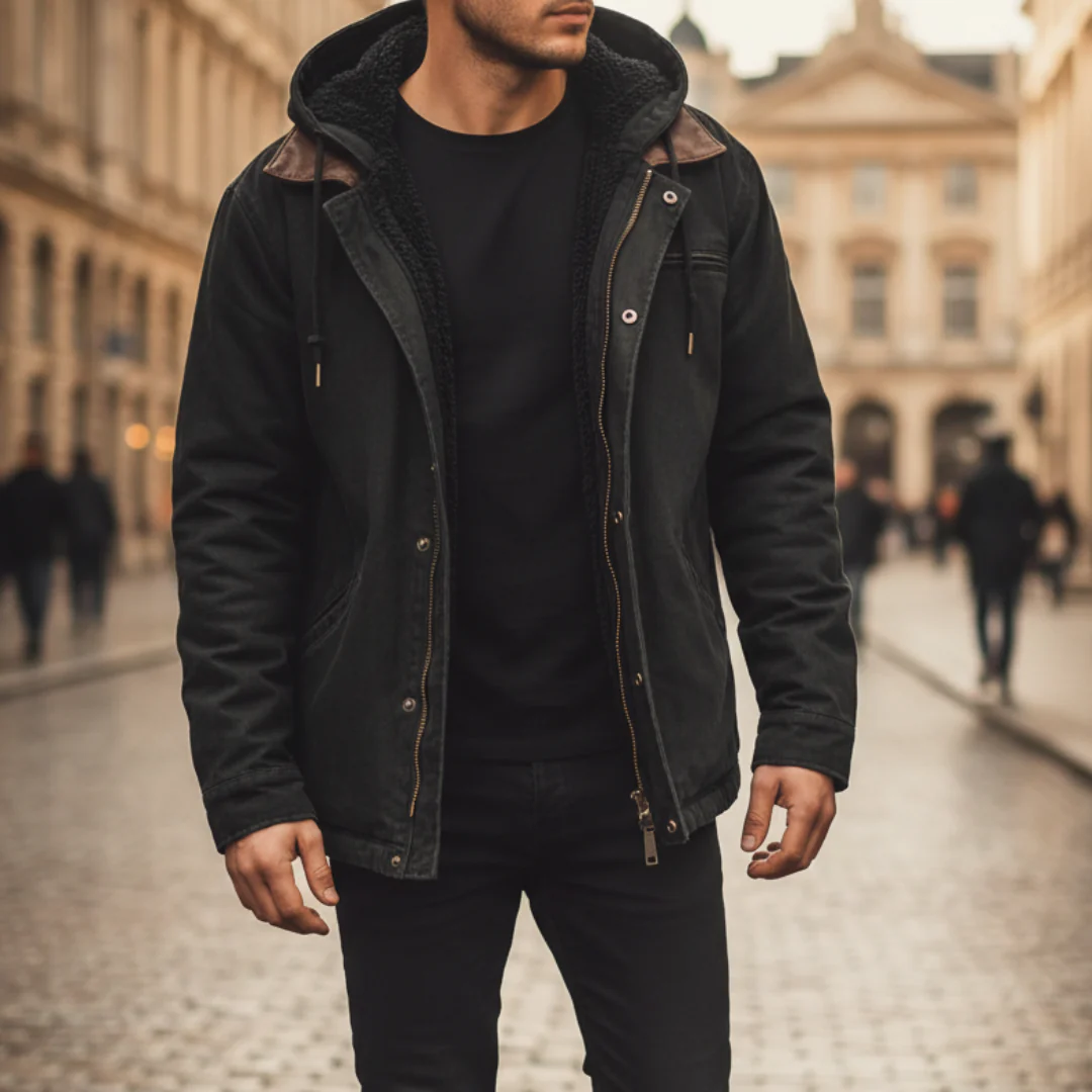 Men's blue hooded winter jacket durable polyester fleece-lined urban everyday style