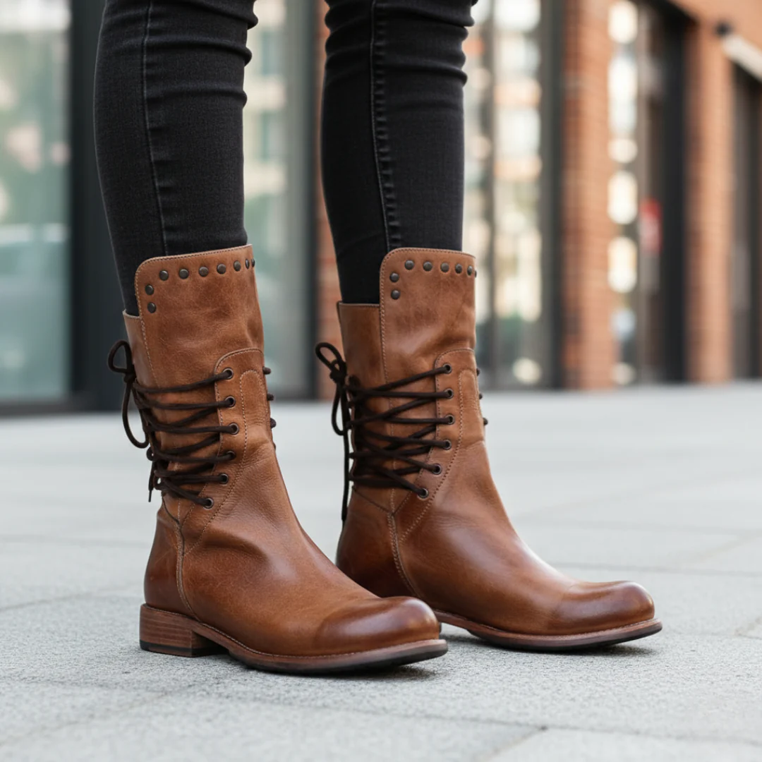 Women's black faux leather orthopedic boots with lace stud detail, ergonomic comfort sole design