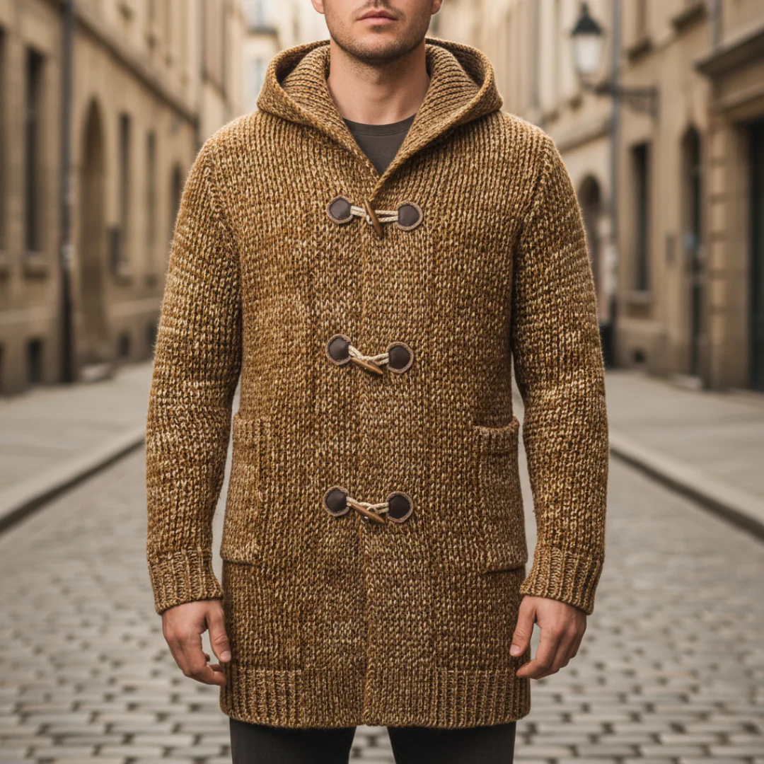 Men's gray hooded knit coat classic fit with wooden buttons for formal and casual wear