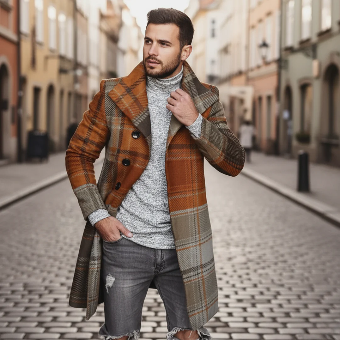 Men's checkered coat black blue brown plaid slim-fit polyester winter formal casual outerwear