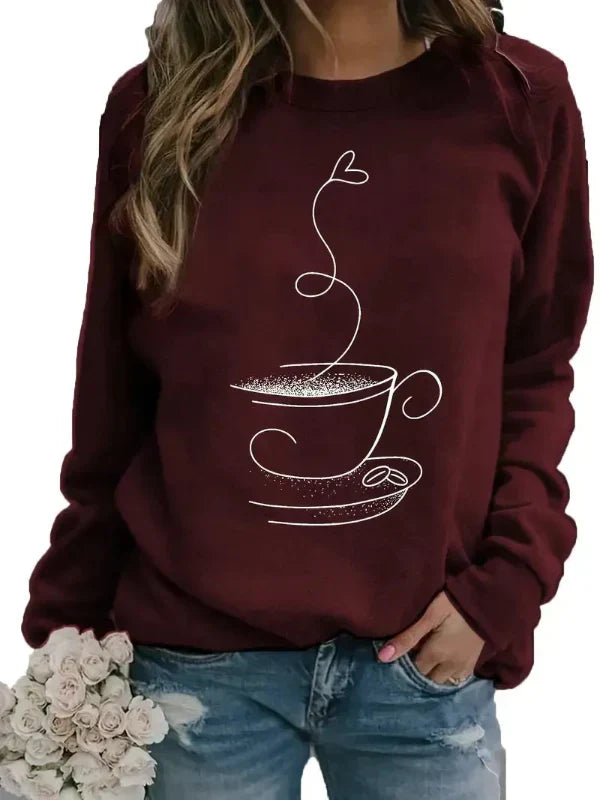 Women's relaxed fit cotton blend crew neck sweatshirt with whimsical coffee cup graphic print