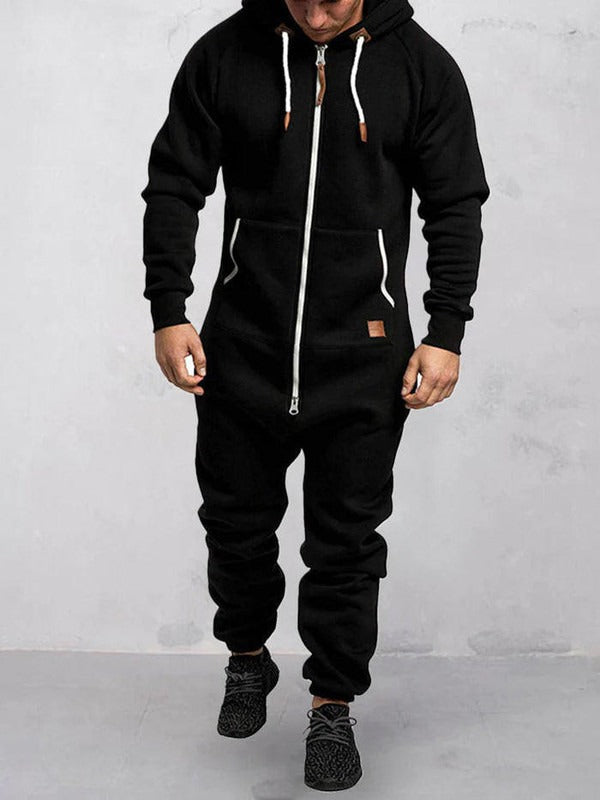 Men's relaxed fit fleece hooded jumpsuit full length lounge wear with front zipper