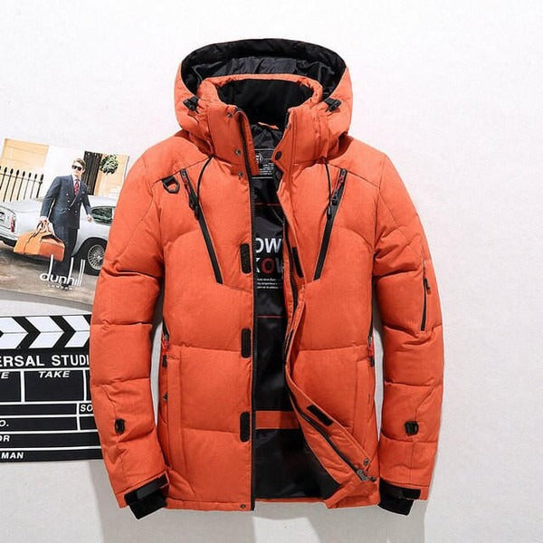 Men's quilted down jacket hip-length adjustable hood zipper closure warm winter coat urban style