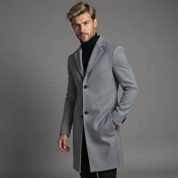 Men's charcoal wool long coat tailored fit single-breasted classic style for autumn winter