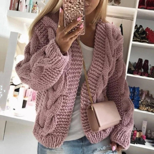 Women's chunky cable knit open-front cardigan wool blend structured silhouette everyday cozy style