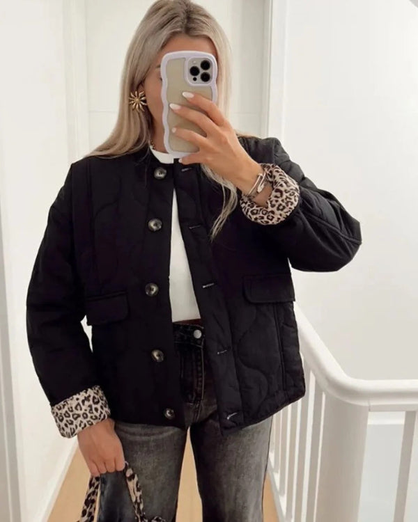 Women's relaxed-fit quilted jacket with leopard cuff detail, button front and flap pockets