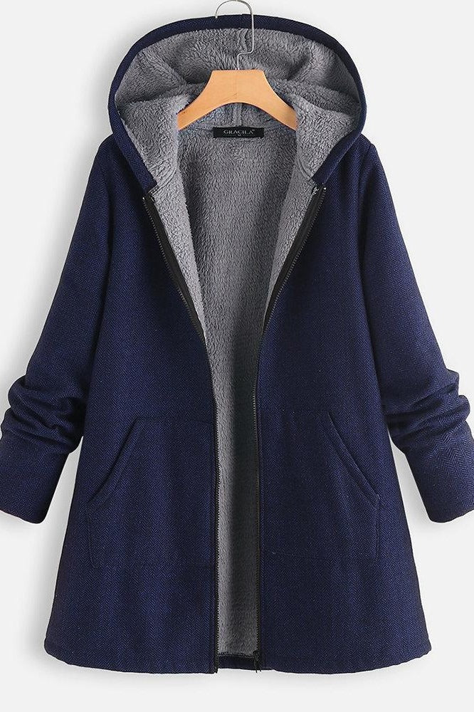Women's oversized mid-thigh hooded coat plush fleece-lined winter warmth relaxed silhouette