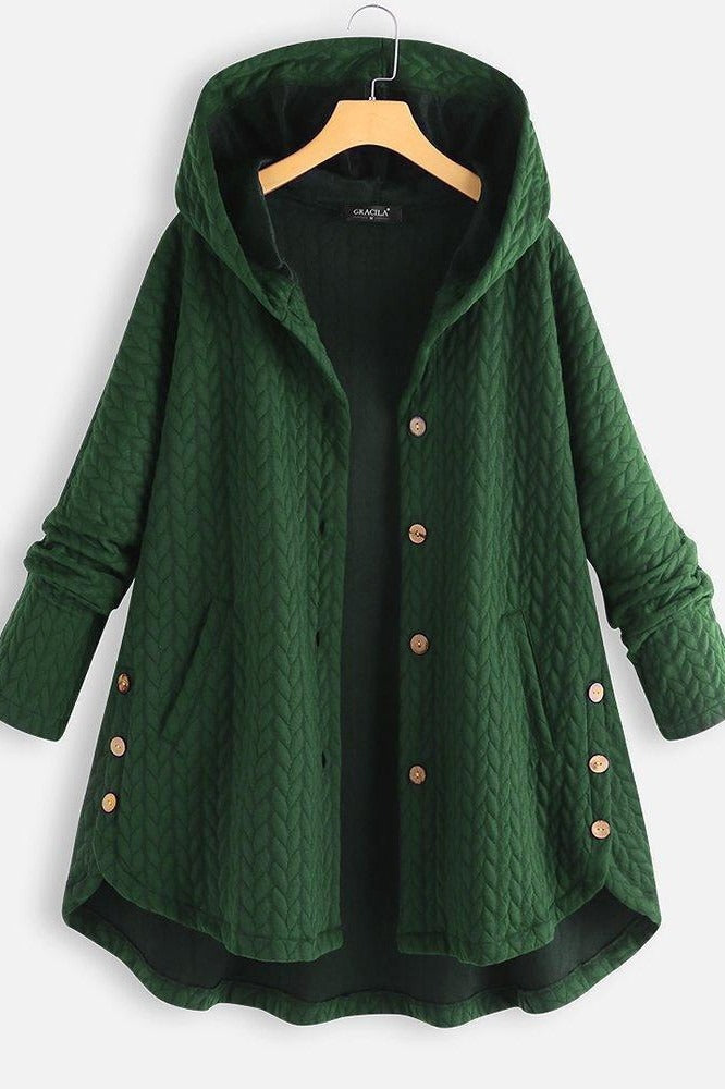 Women's quilted wool hooded mid-length A-line coat with button front, chic Nordisk Flair style