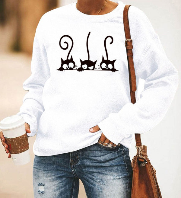 Women's oversized crewneck sweatshirt in cotton blend with playful cat print for casual everyday wear