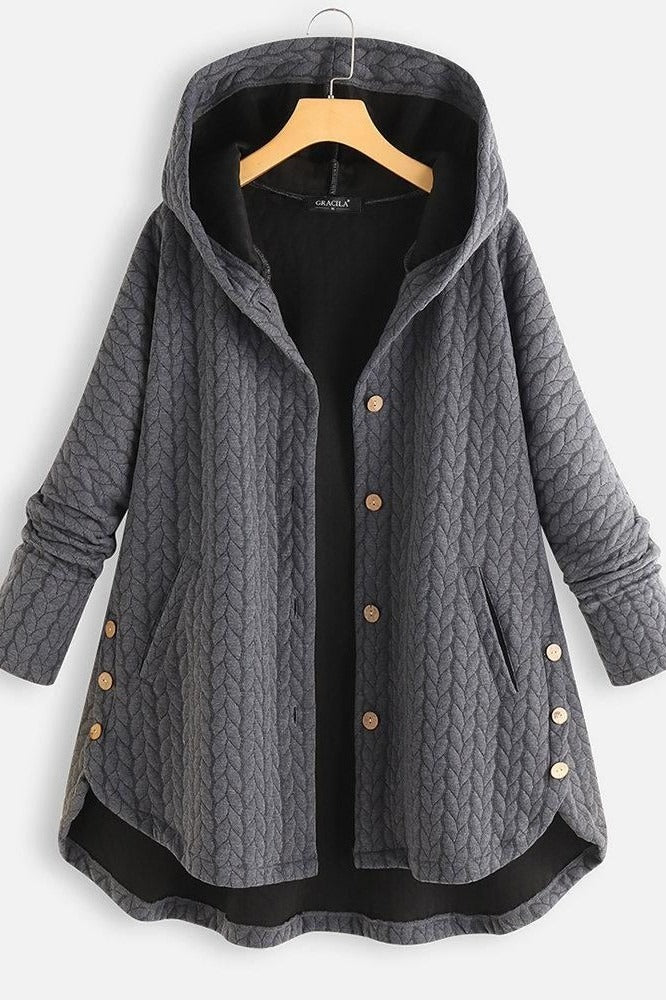 Women's quilted wool hooded mid-length A-line coat with button front closure, chic Nordisk Flair style