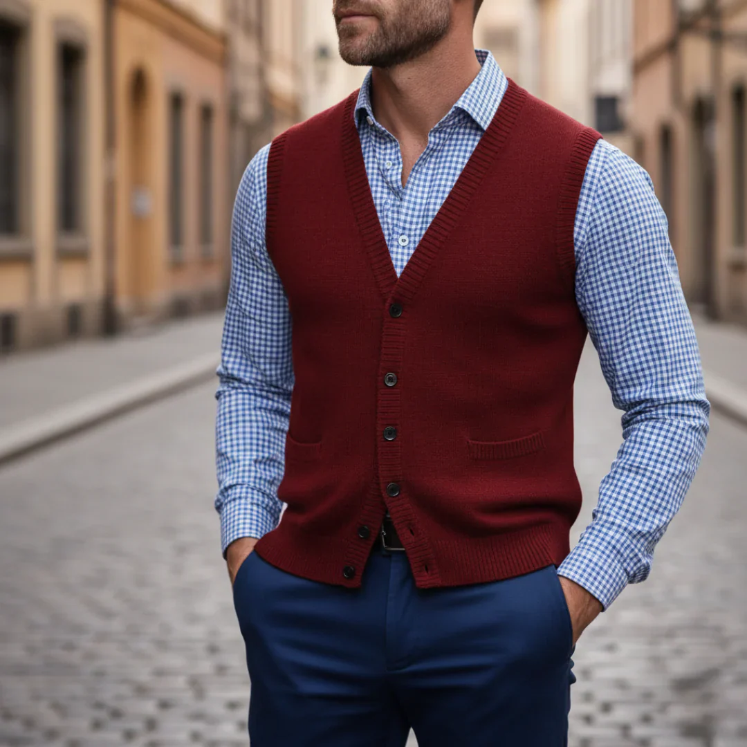 Men's classic V-neck knit vest with buttons, soft comfortable workwear layer for versatile office style
