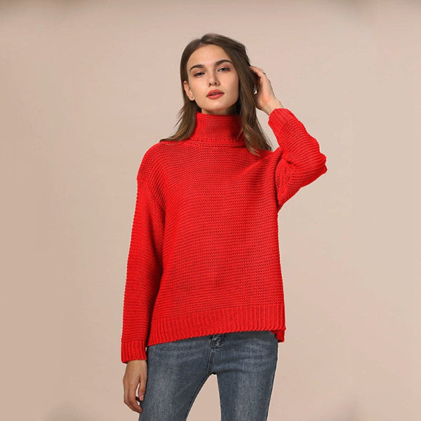 Women's chunky wool blend turtleneck sweater relaxed fit cozy knit everyday style