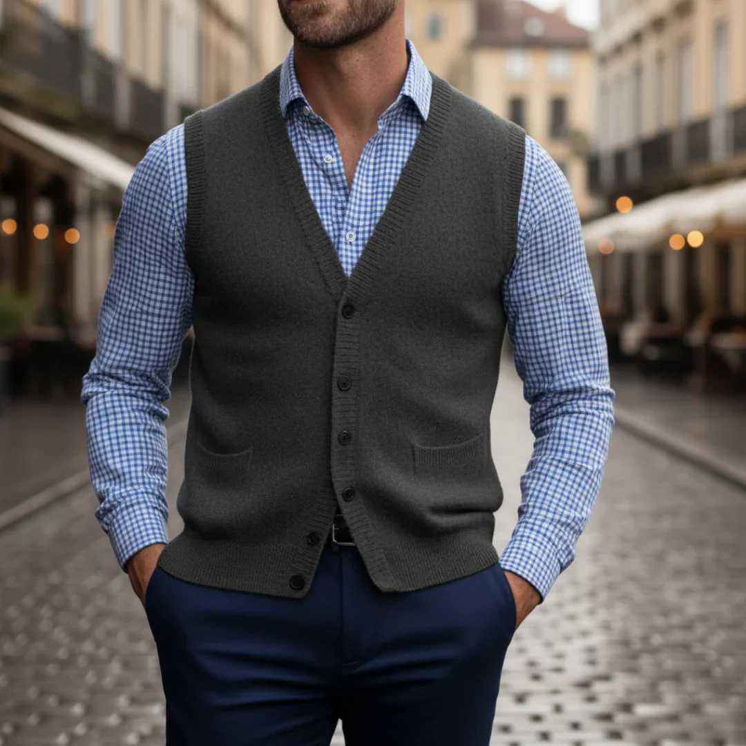 Men's classic V-neck knit vest with buttons, soft versatile workwear layer for office style