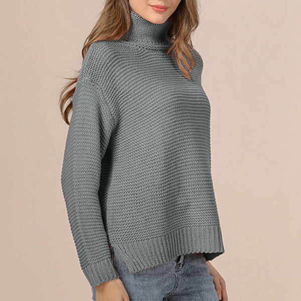 Women's chunky wool blend turtleneck sweater relaxed fit cozy knit urban style