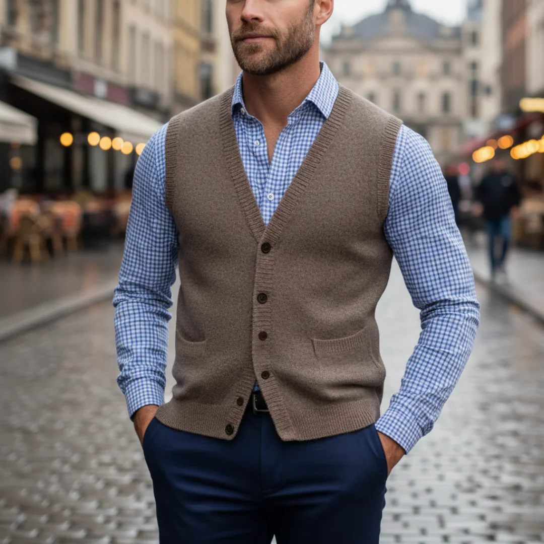 Men's classic V-neck knit vest with buttons, soft comfortable workwear layer for office style